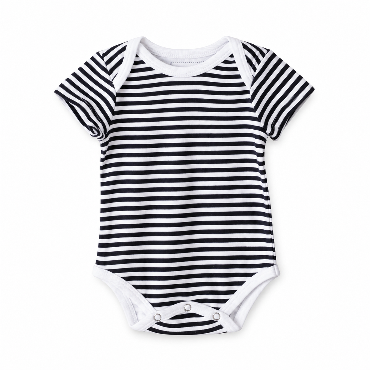 Organic Baby Short Sleeve Bodysuit | Signature Prints in B+W Stripes, front studio product photograph on white.