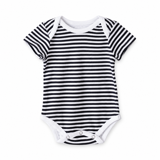 Organic Baby Short Sleeve Bodysuit | Signature Prints in B+W Stripes, front studio product photograph on white.