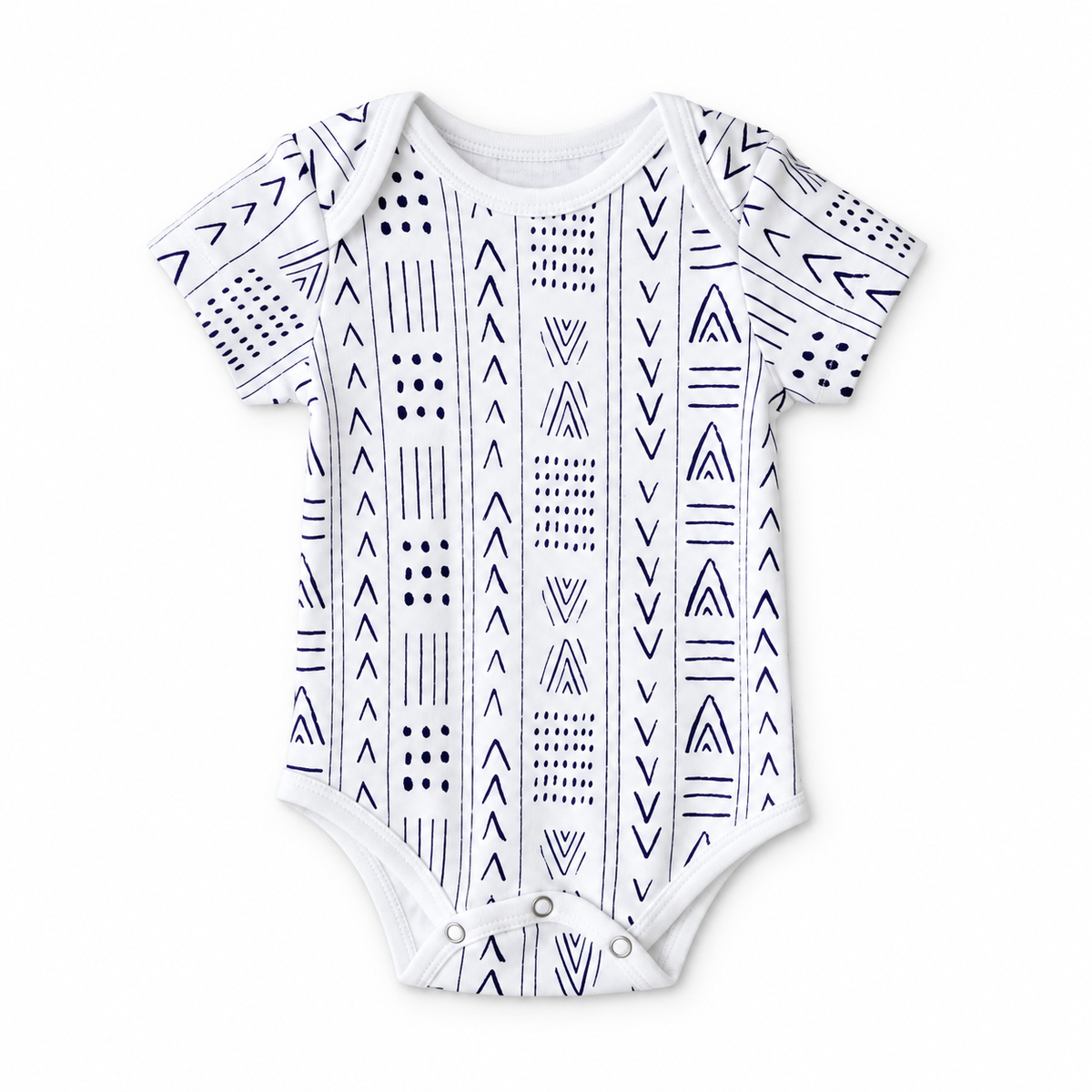 Organic Baby Short Sleeve Bodysuit | Signature Prints in B+W Mud Cloth ©, front studio product photograph on white.
