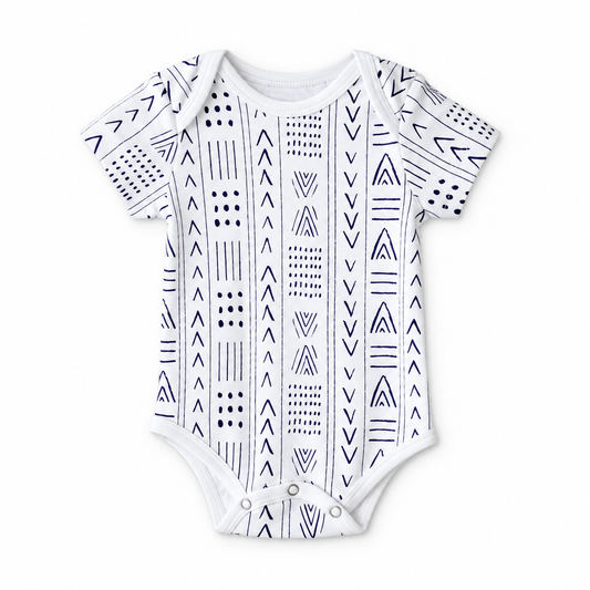 Organic Baby Short Sleeve Bodysuit | Signature Prints in B+W Mud Cloth ©, front studio product photograph on white.