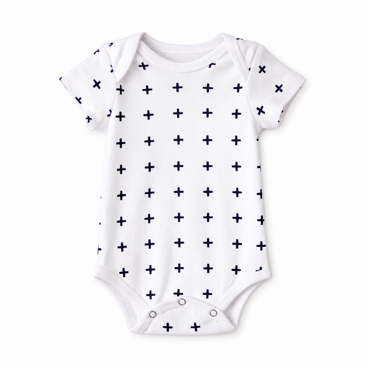 Organic Baby Short Sleeve Bodysuit | Signature Prints in B+W Swiss Cross, front studio product photograph on white.
