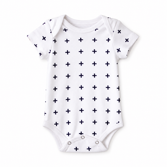 Organic Baby Short Sleeve Bodysuit | Signature Prints in B+W Swiss Cross, front studio product photograph on white.