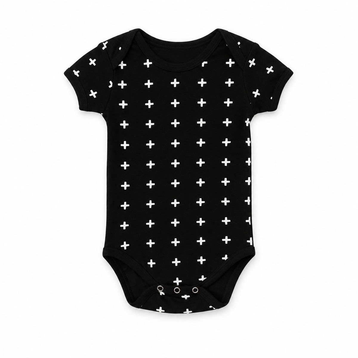 Organic Baby Short Sleeve Bodysuit | White on Black Prints in White on Black Swiss Cross, front studio product photograph on white.