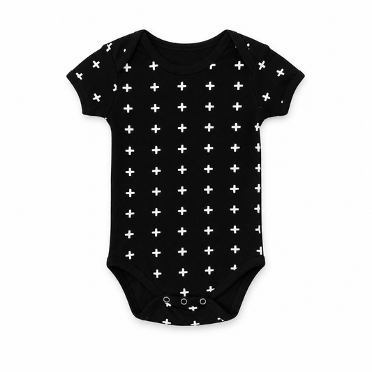 Organic Baby Short Sleeve Bodysuit | White on Black Prints in White on Black Swiss Cross, front studio product photograph on white.