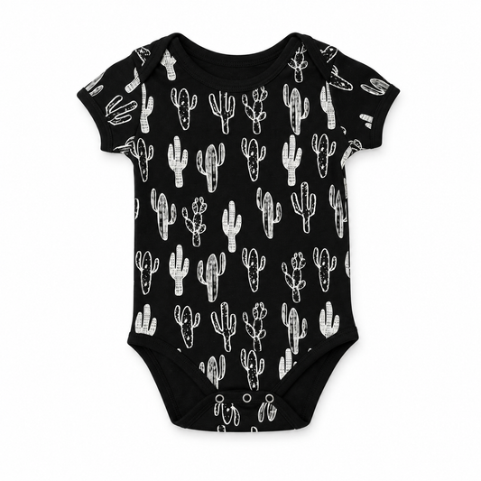 Organic Baby Short Sleeve Bodysuit | White on Black Prints in White on Black Cactus, front studio product photograph on white.