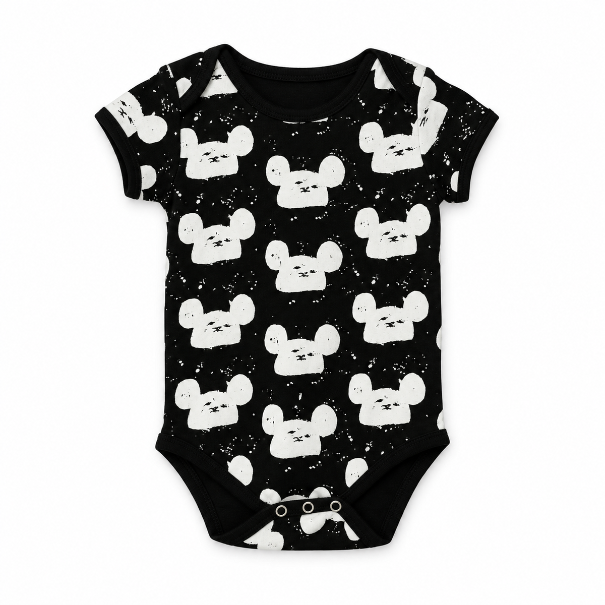 Organic Baby Short Sleeve Bodysuit | White on Black Prints in White on Black Modern Mouse, front studio product photograph on white.