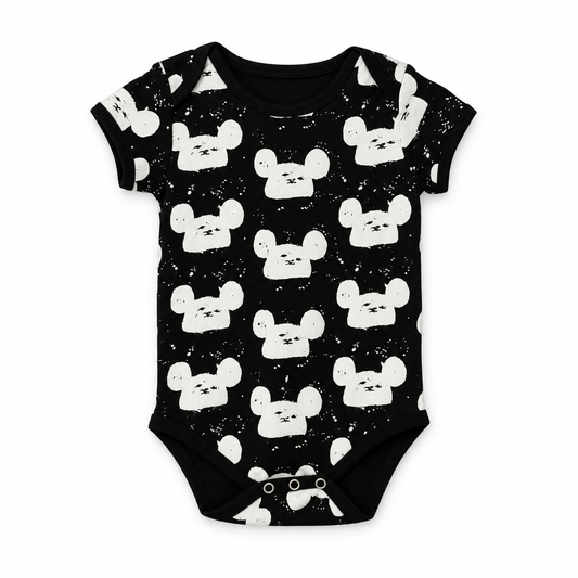 Organic Baby Short Sleeve Bodysuit | White on Black Prints in White on Black Modern Mouse, front studio product photograph on white.