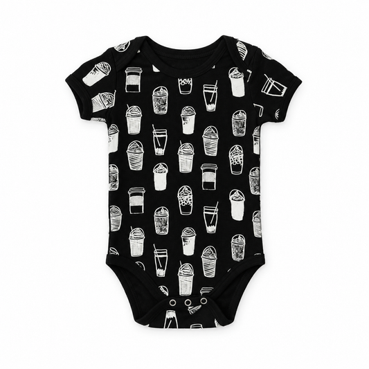 Organic Baby Short Sleeve Bodysuit | White on Black Prints in White on Black Coffee Love, front studio product photograph on white.