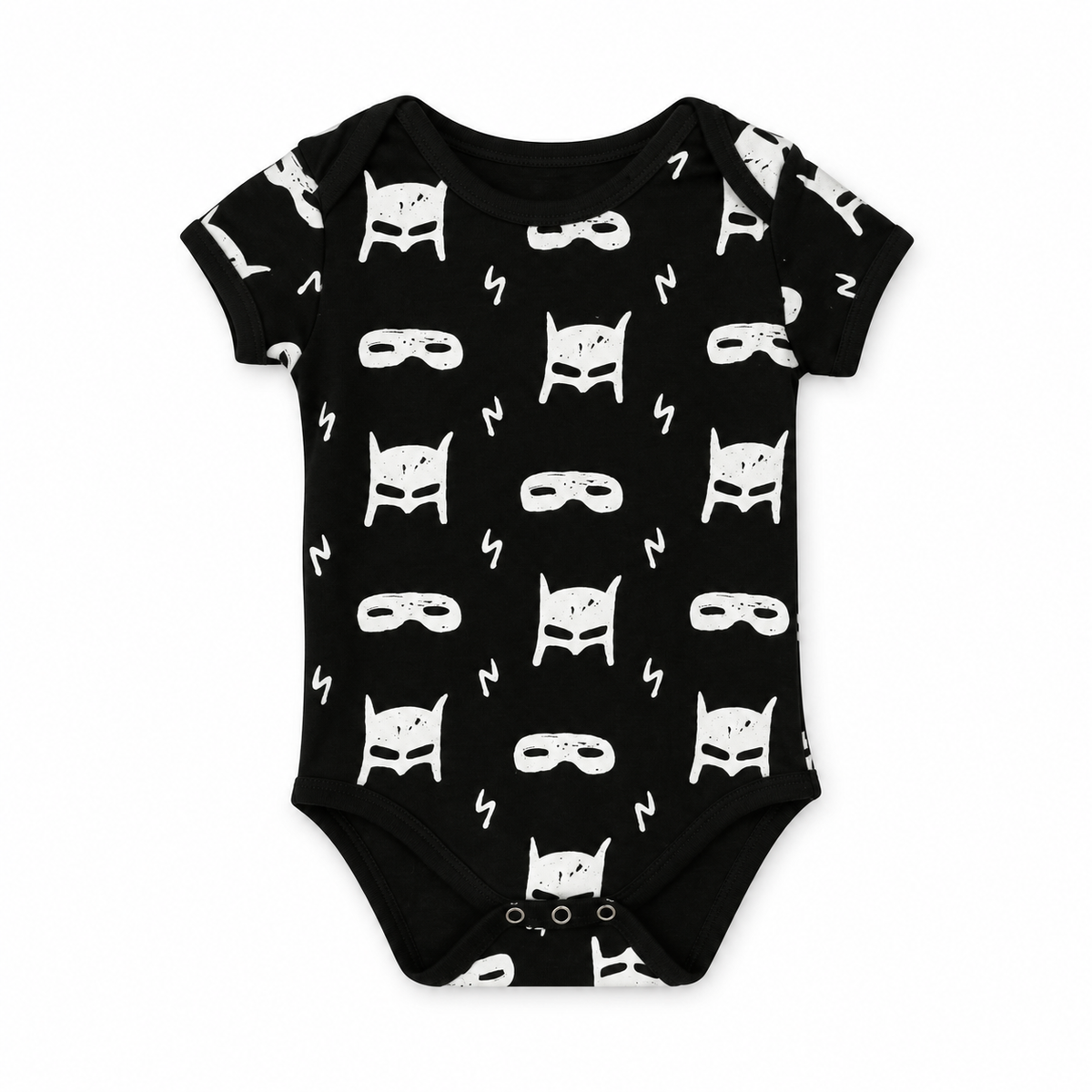 Organic Baby Short Sleeve Bodysuit | White on Black Prints in White on Black Hero Struck, front studio product photograph on white.