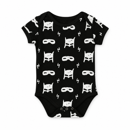Organic Baby Short Sleeve Bodysuit | White on Black Prints in White on Black Hero Struck, front studio product photograph on white.