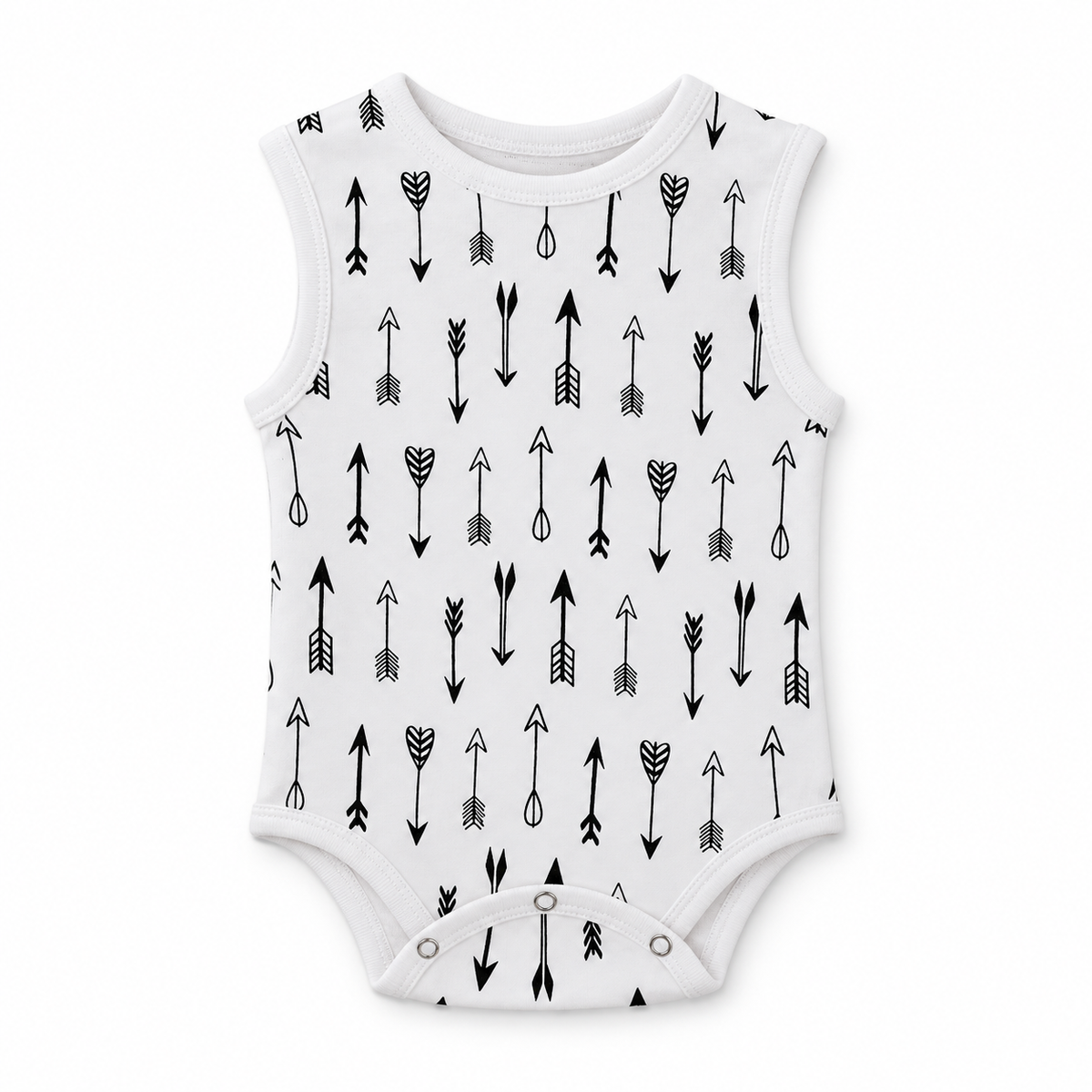 Organic Baby Tank Bodysuit | Signature Prints in B+W Arrows ©, front studio product photograph on white.