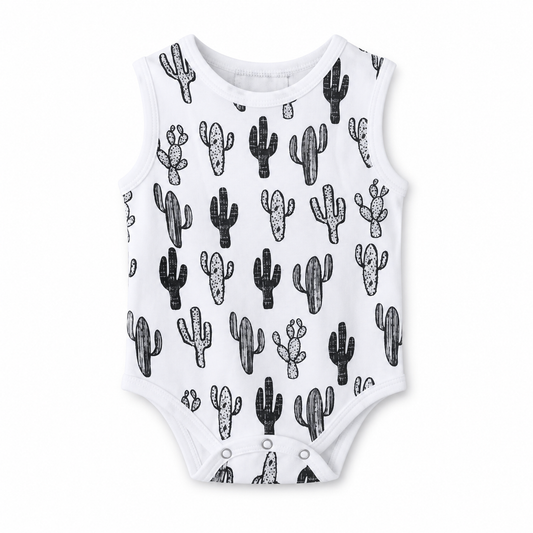 Organic Baby Tank Bodysuit | Signature Prints in B+W Cactus ©, front studio product photograph on white.