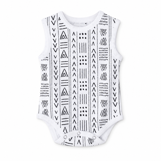 Organic Baby Tank Bodysuit | Signature Prints in B+W Mud Cloth ©, front studio product photograph on white.