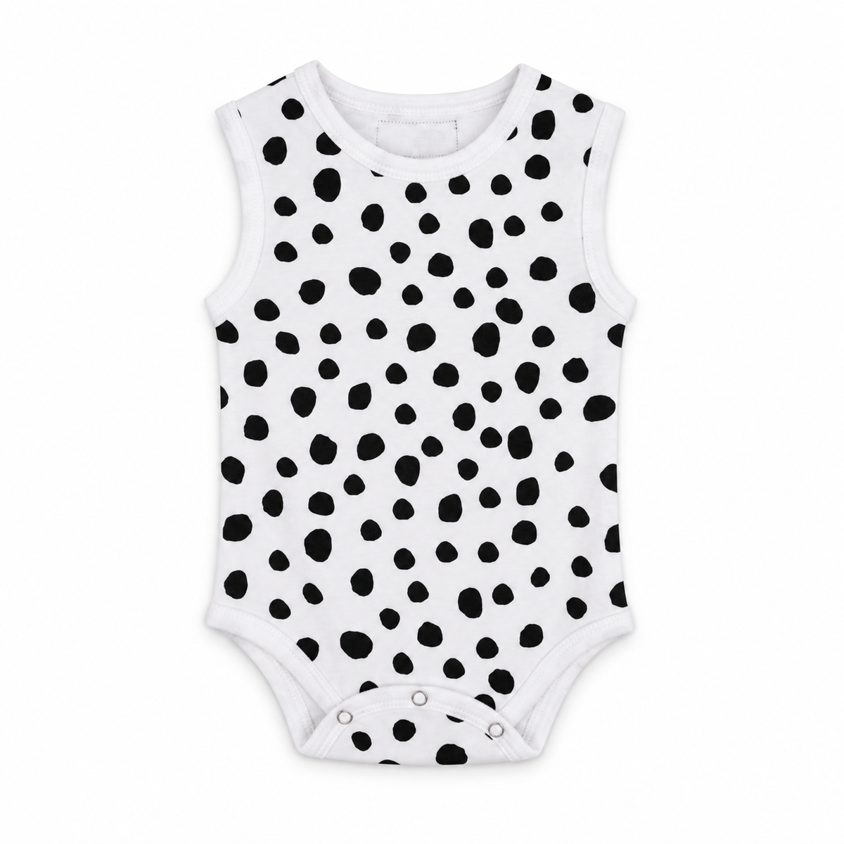 Organic Baby Tank Bodysuit | Signature Prints in B+W Spots ©, front studio product photograph on white.