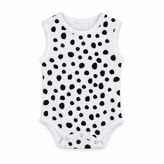 Organic Baby Tank Bodysuit | Signature Prints in B+W Spots ©, front studio product photograph on white.