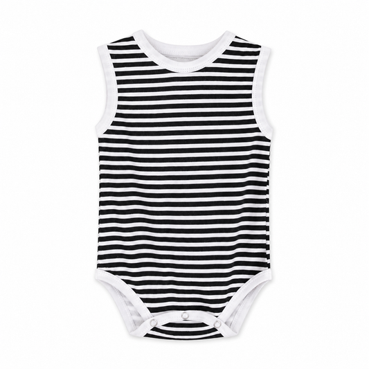 Organic Baby Tank Bodysuit | Signature Prints in B+W Stripes, front studio product photograph on white.