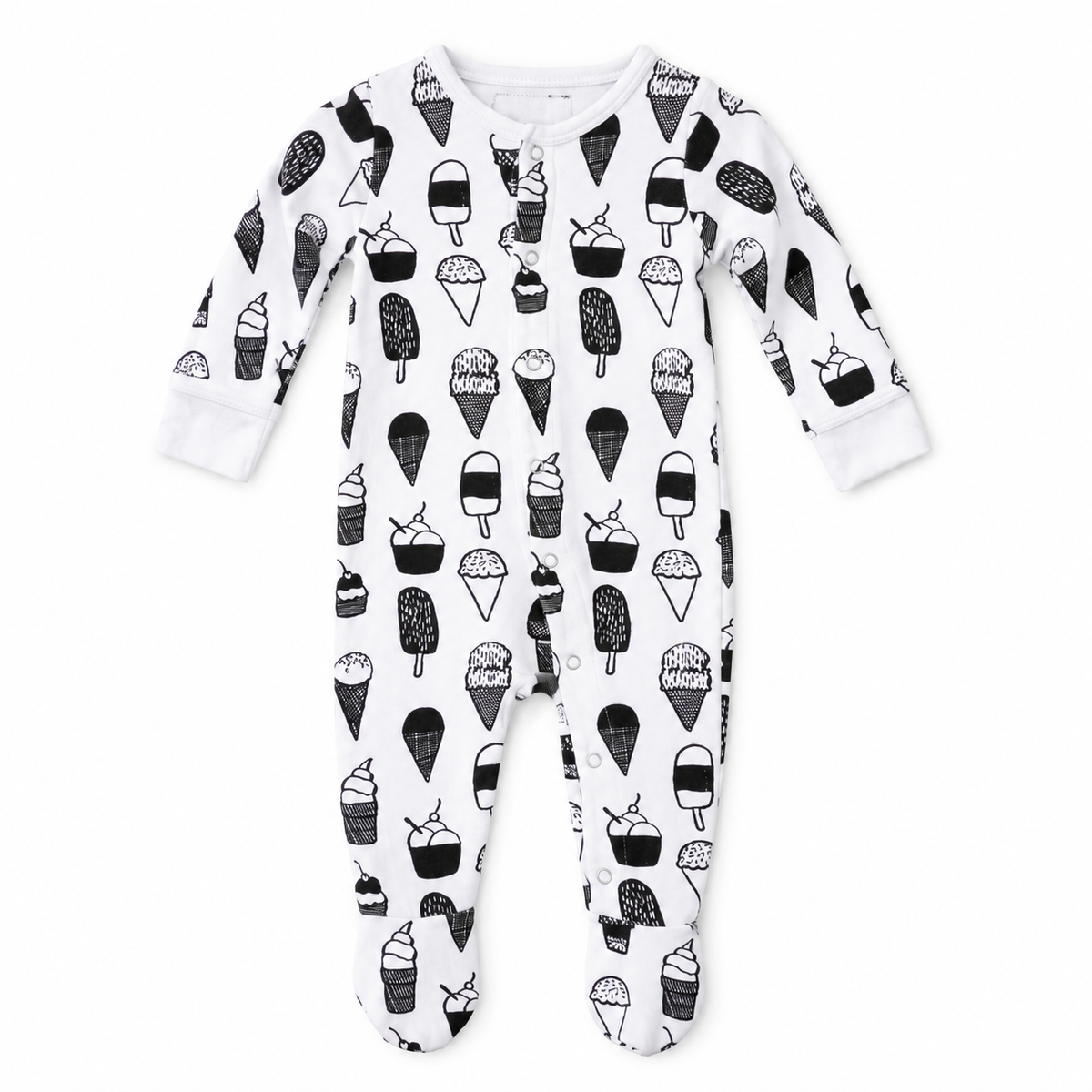 Organic Baby Button Footie in Ice Cream Love, studio product view on white.