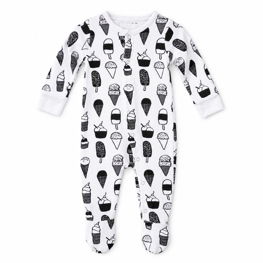 Organic Baby Button Footie in Ice Cream Love, studio product view on white.