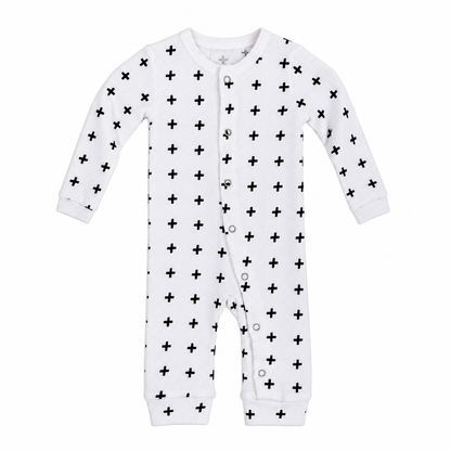 Black-on-white Swiss Cross organic thermal baby coverall, front studio view with snap closure and open ankle cuffs.