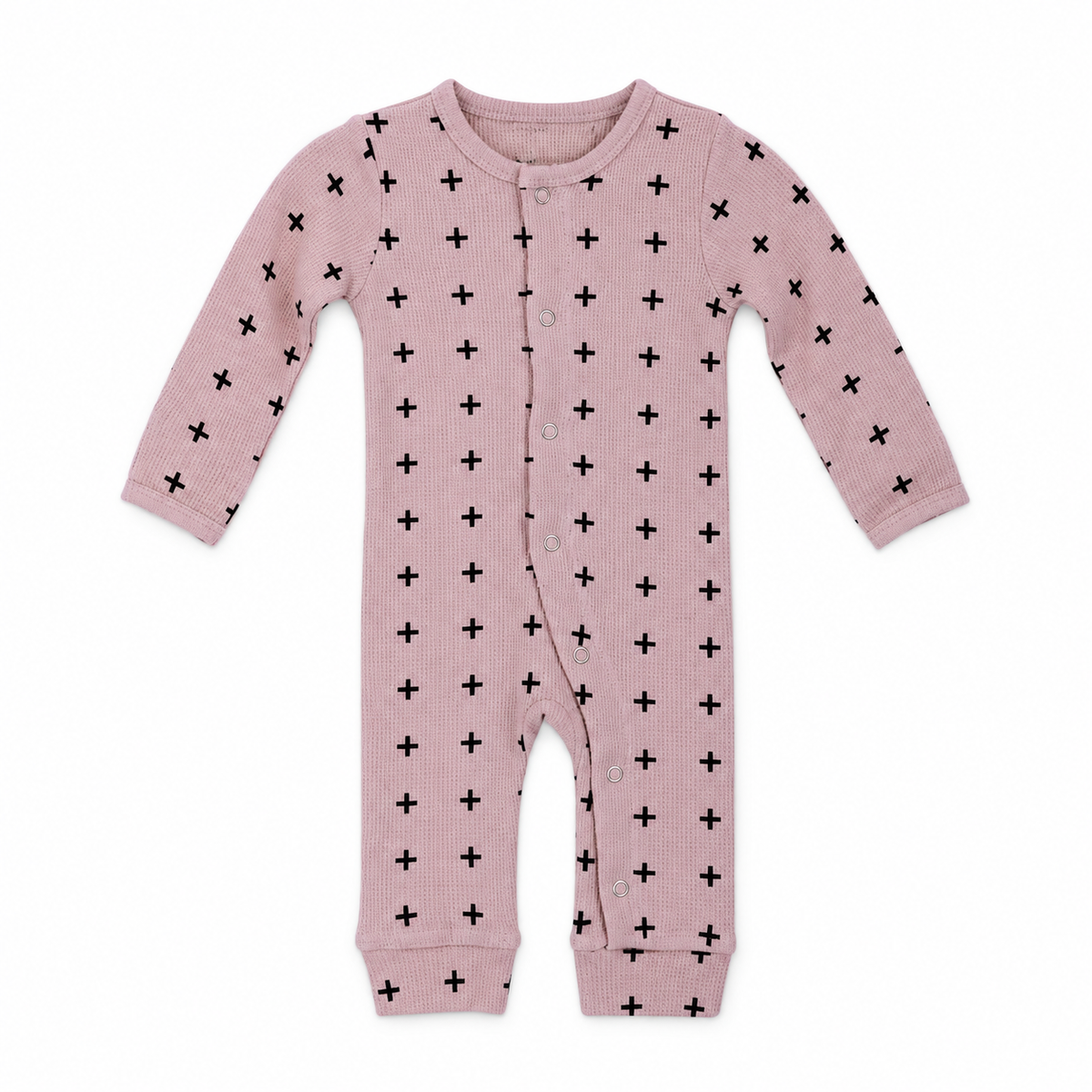 Organic Baby Thermal Coverall in Pink Swiss Cross, studio product view on white.
