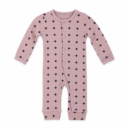 Organic Baby Thermal Coverall in Pink Swiss Cross, studio product view on white.