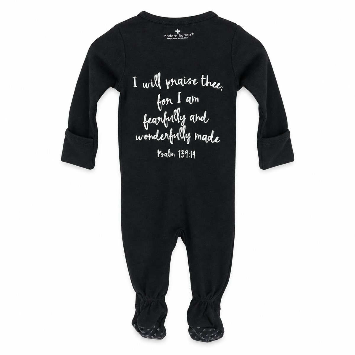 Psalm 139:14 Organic Zip Footie in B+W Psalm 139:14, back view showing Scripture print on white.