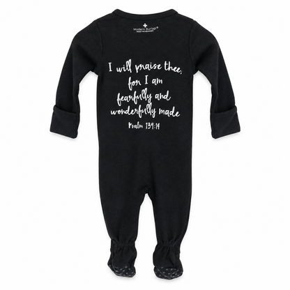 Psalm 139:14 Organic Zip Footie in B+W Psalm 139:14, back view showing Scripture print on white.