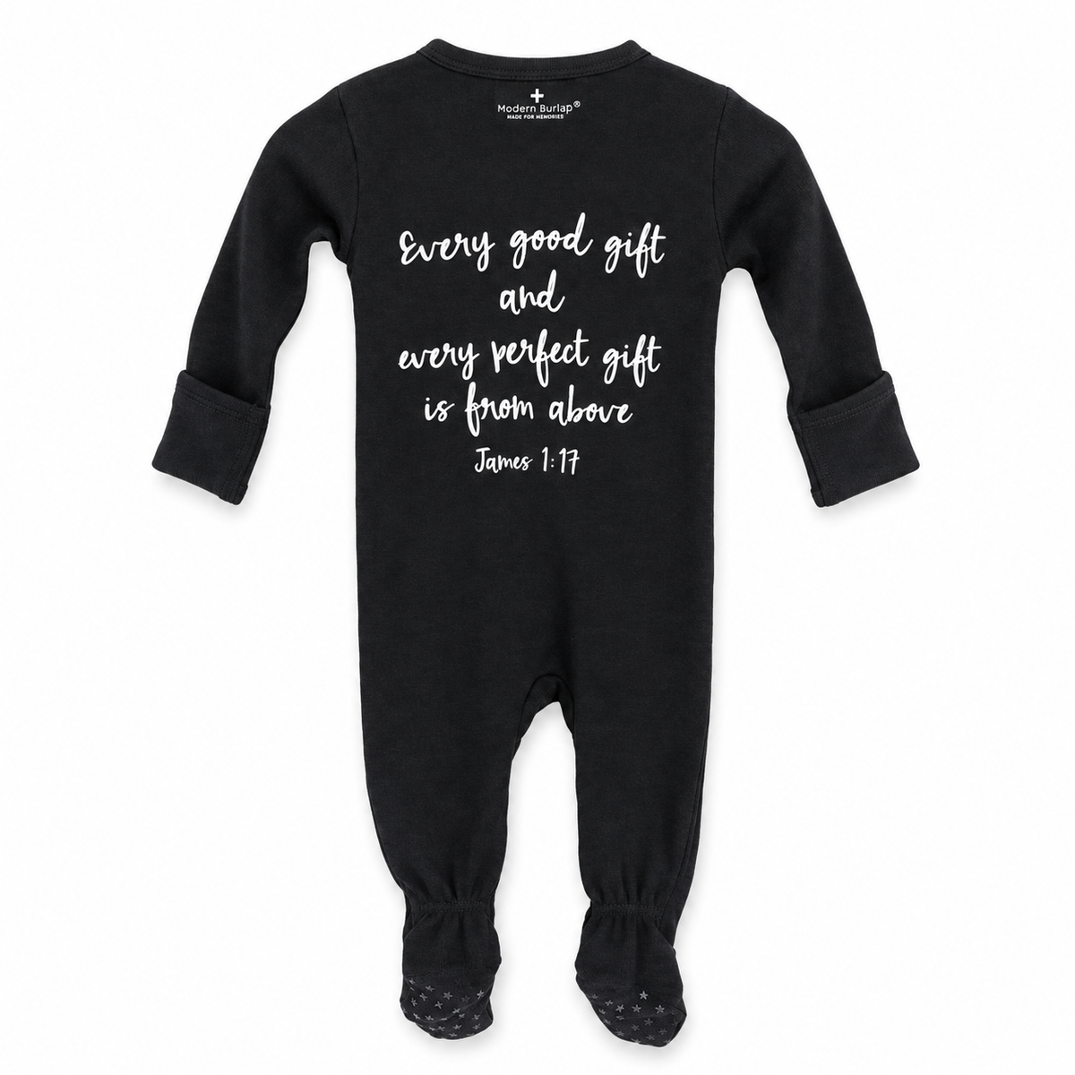 James 1:17 Organic Zip Footie in James 1:17, back view showing Scripture print on white.