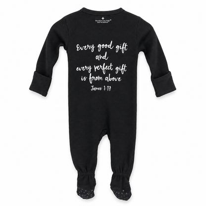 James 1:17 Organic Zip Footie in James 1:17, back view showing Scripture print on white.