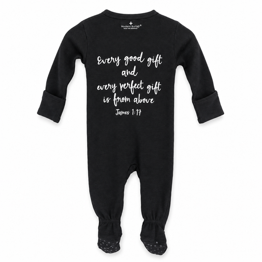 James 1:17 Organic Zip Footie in James 1:17, back view showing Scripture print on white.