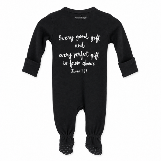James 1:17 Organic Button Footie in James 1:17, back view showing Scripture print on white.