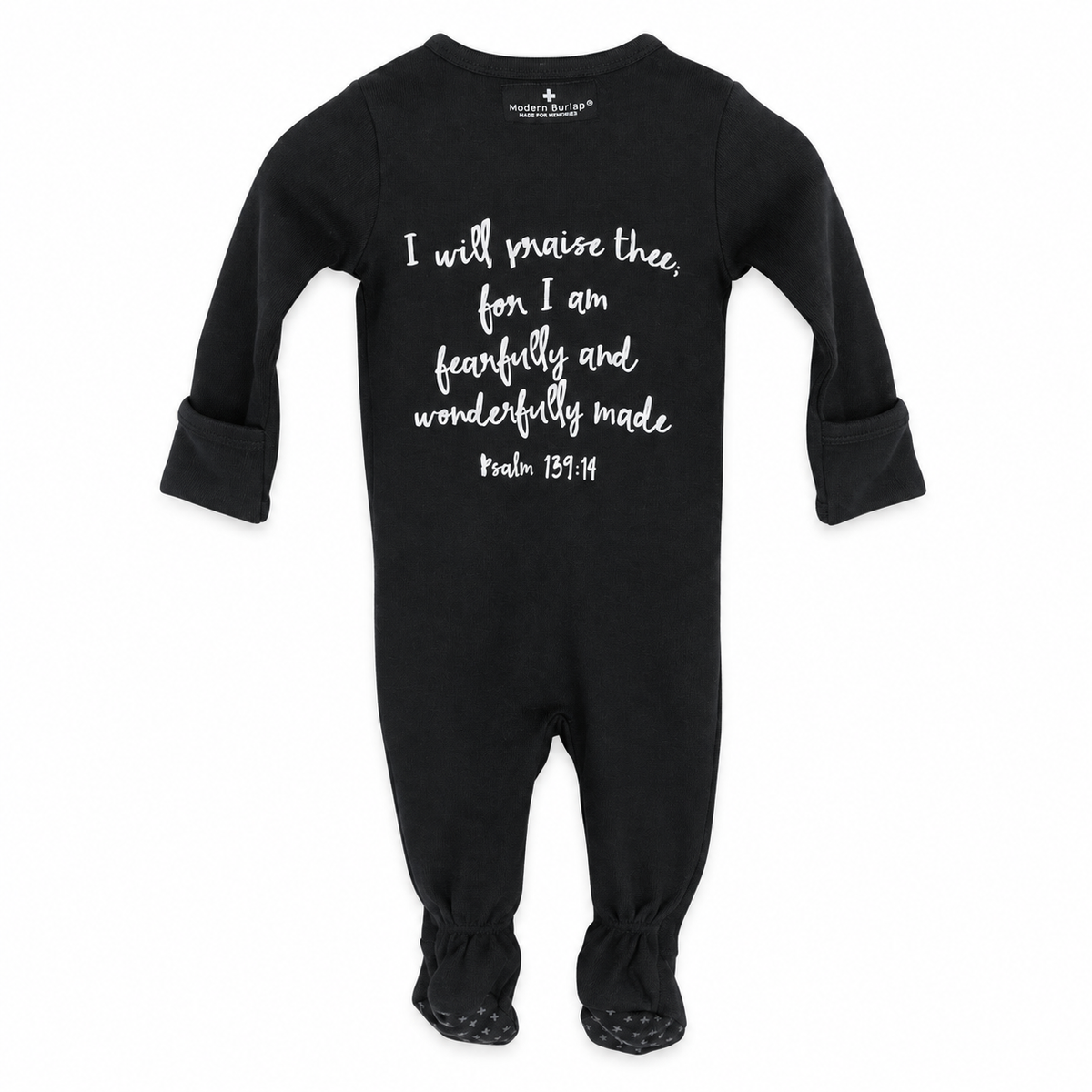 Psalm 139:14 Organic Button Footie in B+W Psalm 139:14, back view showing Scripture print on white.