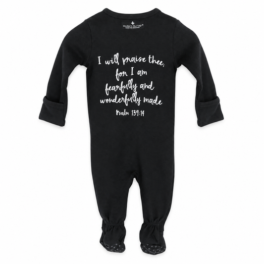 Psalm 139:14 Organic Button Footie in B+W Psalm 139:14, back view showing Scripture print on white.