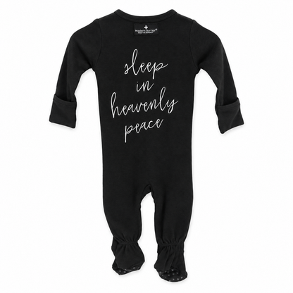 Black Sleep in Heavenly Peace organic button footie with covered feet, back view with white hymn lettering.