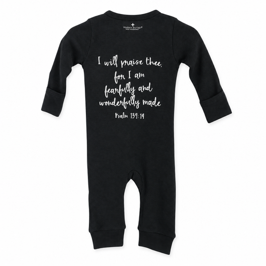 Psalm 139:14 Organic Button Coverall in B+W Psalm 139:14, back view showing Scripture print on white.