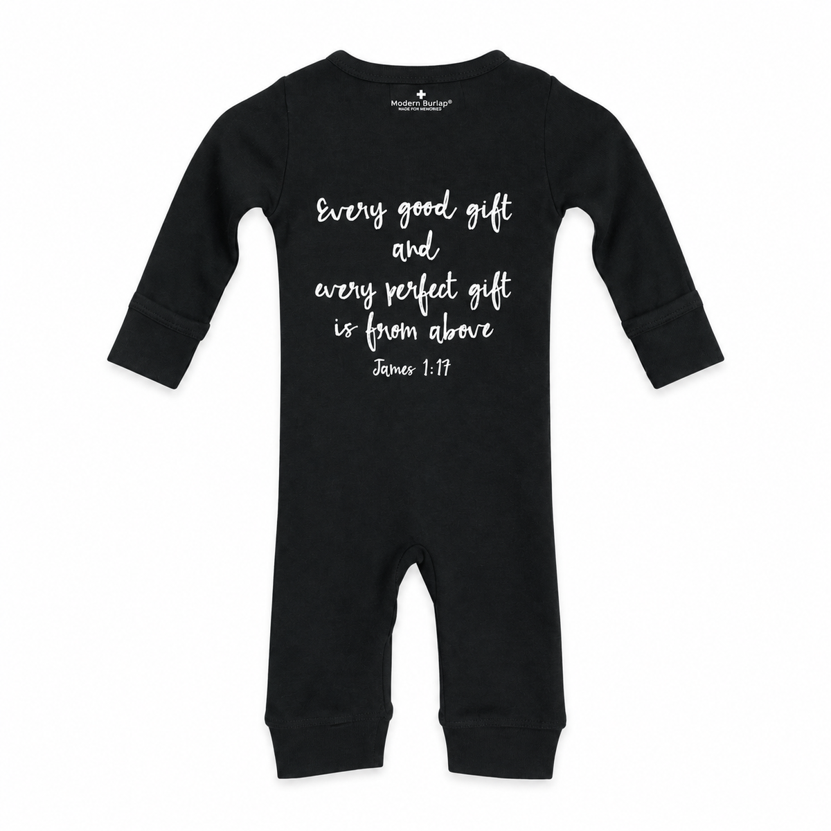 James 1:17 Organic Button Coverall in James 1:17, back view showing Scripture print on white.
