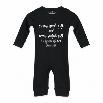James 1:17 Organic Button Coverall in James 1:17, back view showing Scripture print on white.