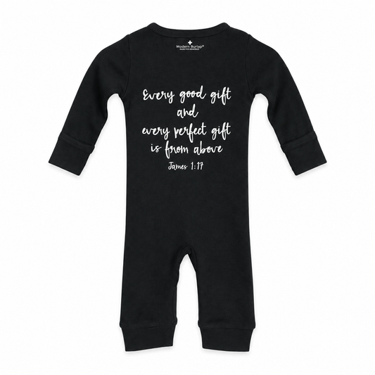 James 1:17 Organic Button Coverall in James 1:17, back view showing Scripture print on white.