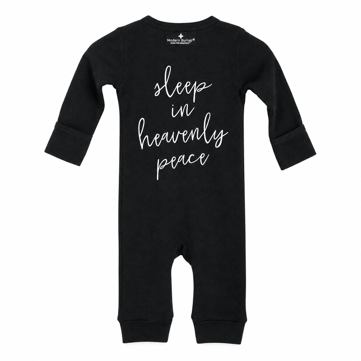 Black Sleep in Heavenly Peace organic button coverall with open feet, back view with white hymn lettering.