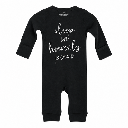 Sleep in Heavenly Peace Organic Button Coverall in B+W Sleep in heavenly peace, back view showing Scripture print on white.