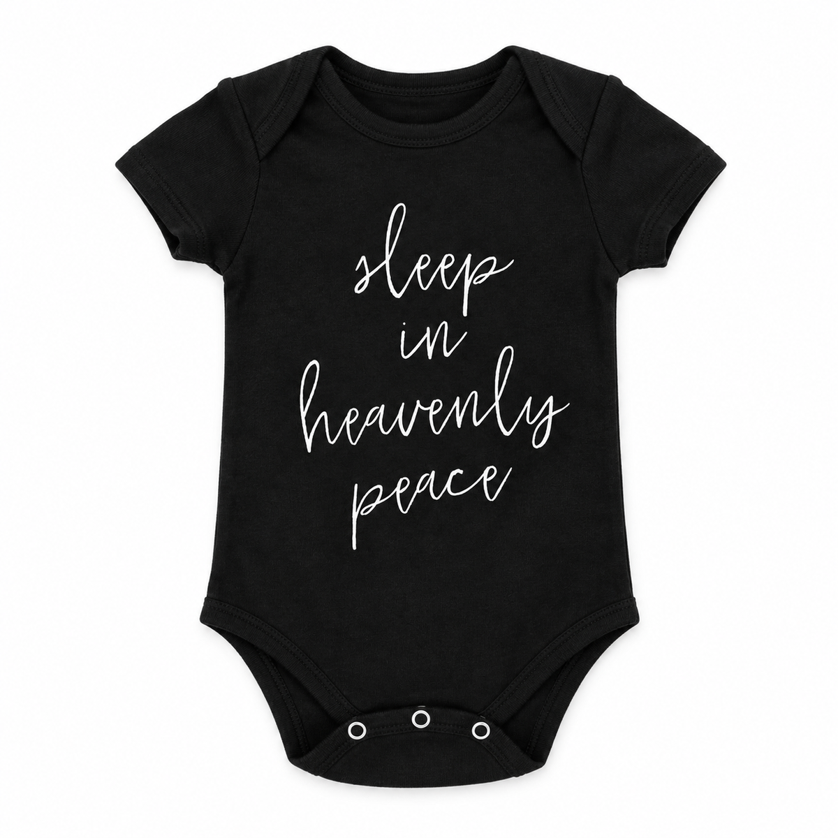Black Sleep in Heavenly Peace organic short sleeve bodysuit, front view with white hymn lettering.