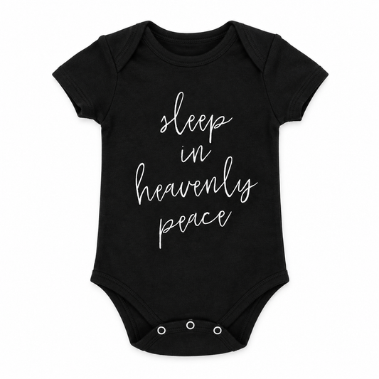 Sleep in Heavenly Peace Organic Baby Bodysuit in B+W Sleep in heavenly peace, front view on white.