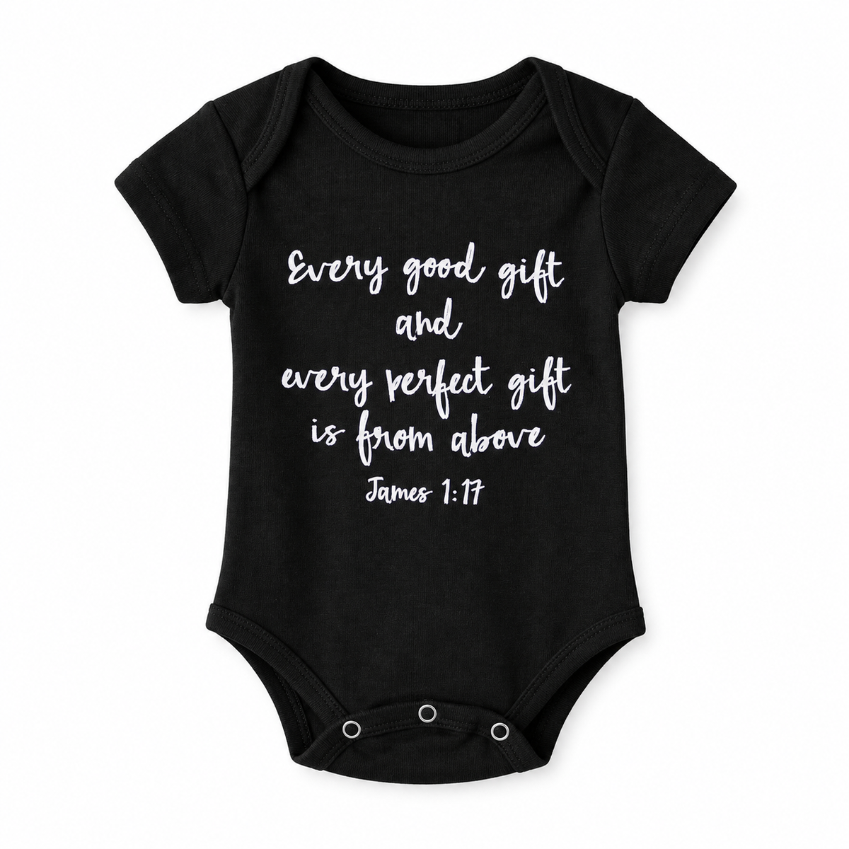 James 1:17 Organic Short Sleeve Bodysuit in James 1:17, front view on white.