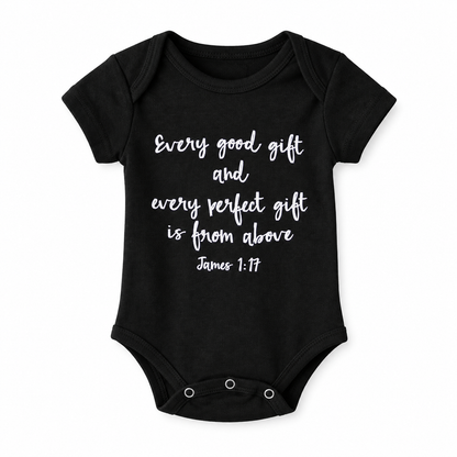 James 1:17 Organic Short Sleeve Bodysuit in James 1:17, front view on white.