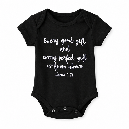 James 1:17 Organic Short Sleeve Bodysuit in James 1:17, front view on white.