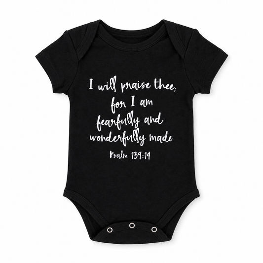 Psalm 139:14 Organic Baby Short Sleeve Bodysuit in B+W Psalm 139:14, front view on white.
