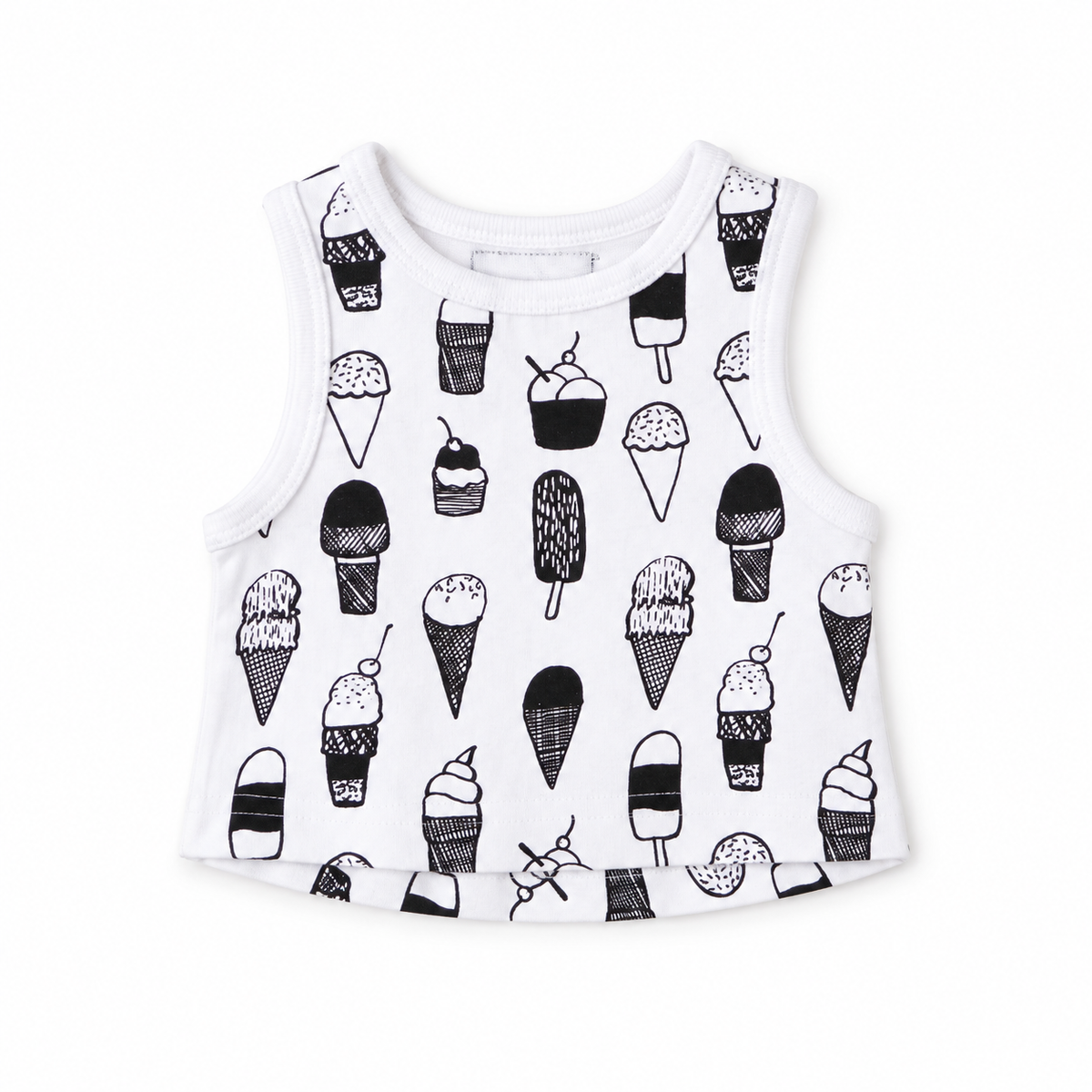 Organic Baby + Kids Tank in B+W Ice Cream Love, studio product view on white.