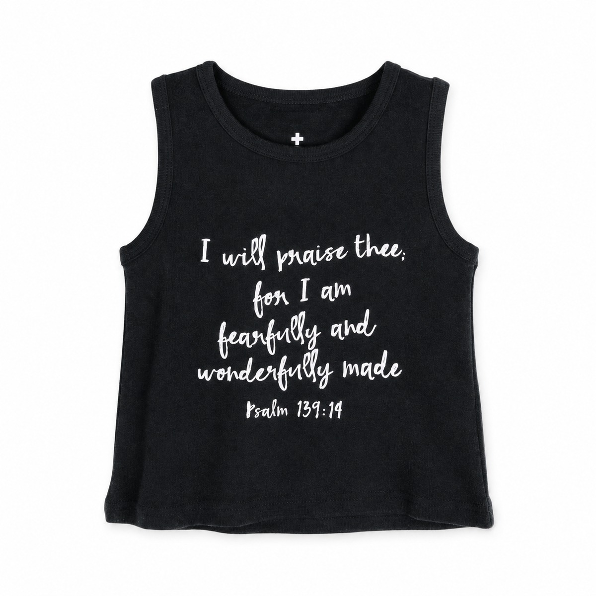 Psalm 139:14 Organic Baby + Kids Tank in B+W Psalm 139:14, front view on white.