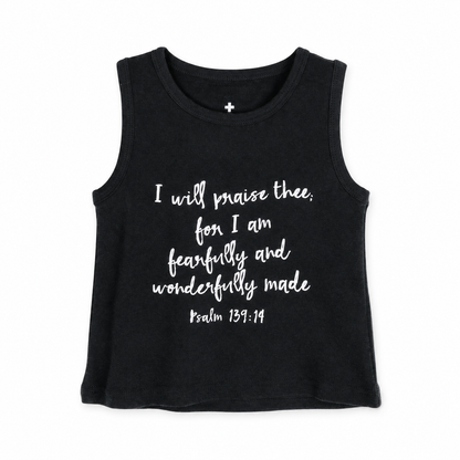 Psalm 139:14 Organic Baby + Kids Tank in B+W Psalm 139:14, front view on white.