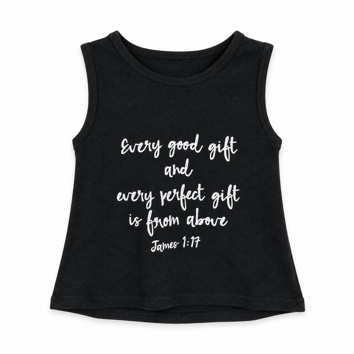 James 1:17 Organic Baby + Kids Tank in B+W James 1:17, front view on white.